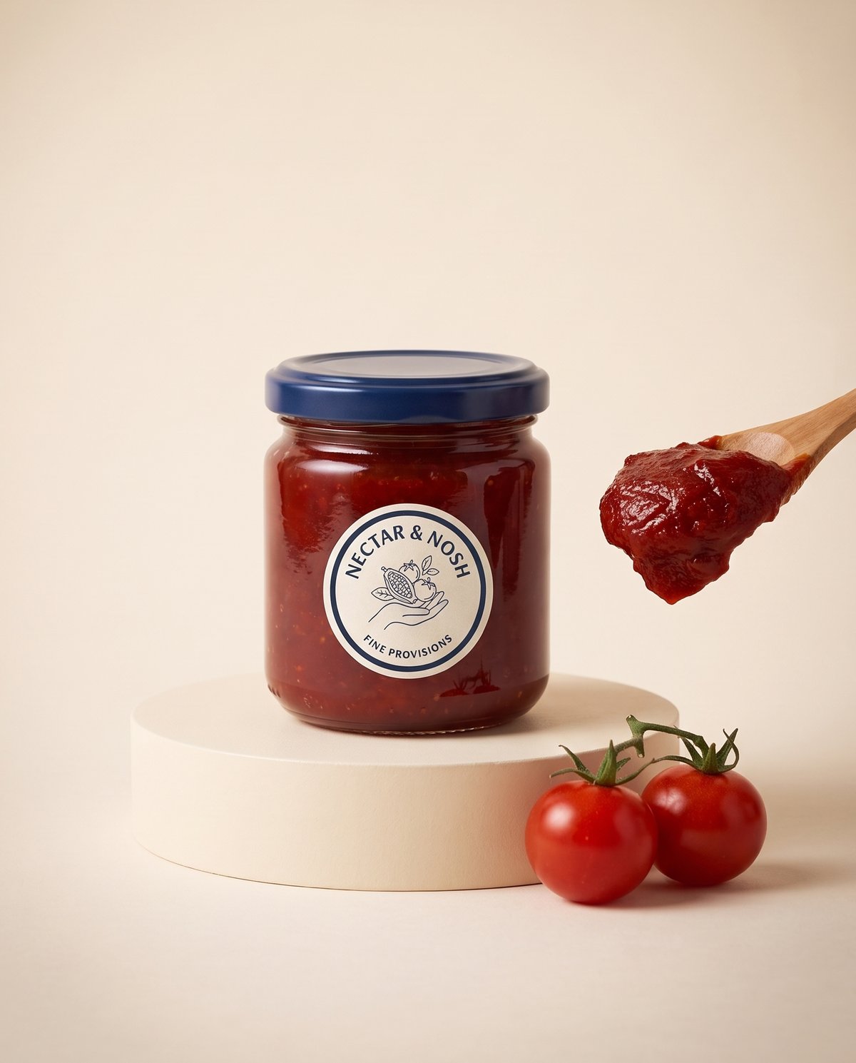 Nectar & Nosh tomato jam jar with a spoon holding a thick dollop of conserve