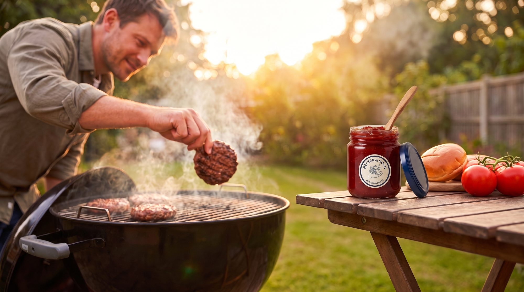 A backyard barbecue with a jar of Nectar & Nosh tomato jam beside the buns