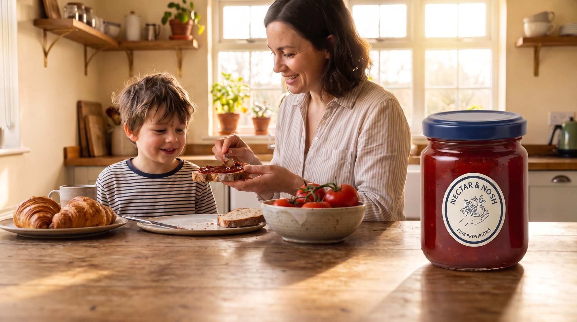A mother spreading thick tomato jam on toast for her son at a sunny breakfast table