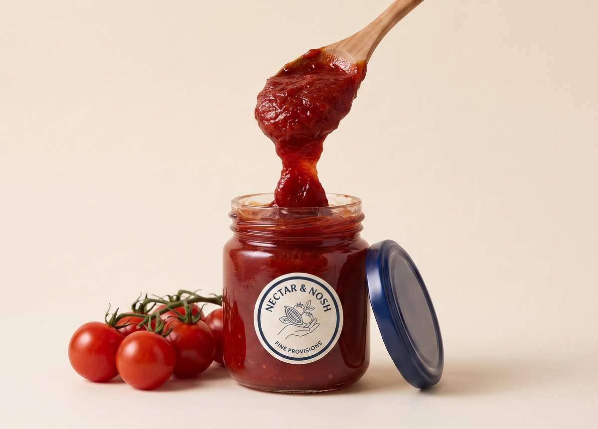An open jar of Nectar & Nosh tomato jam with a wooden spoon lifting a thick scoop