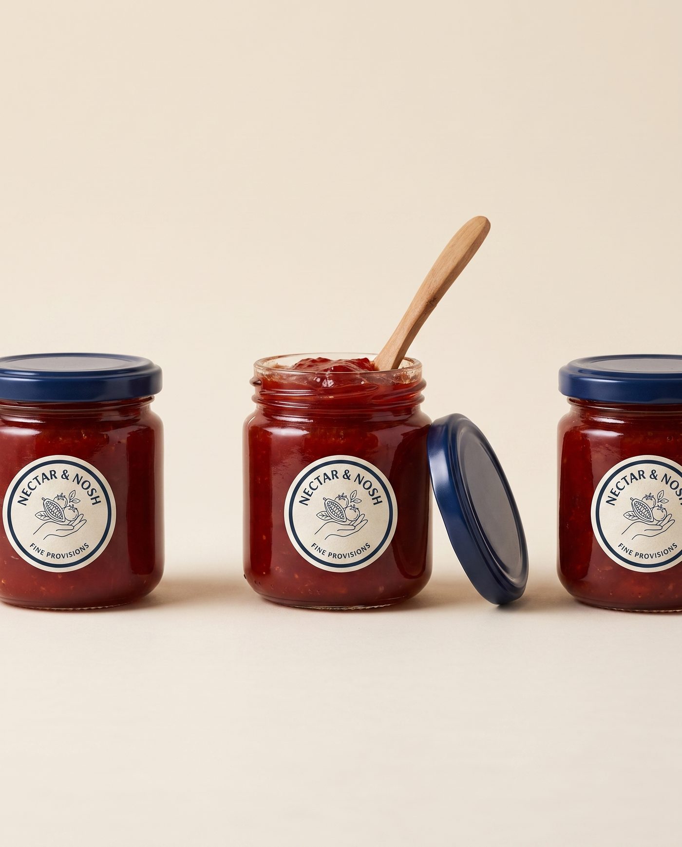 Three 250 ml jars of Nectar & Nosh tomato jam with navy lids, one open with a wooden spoon