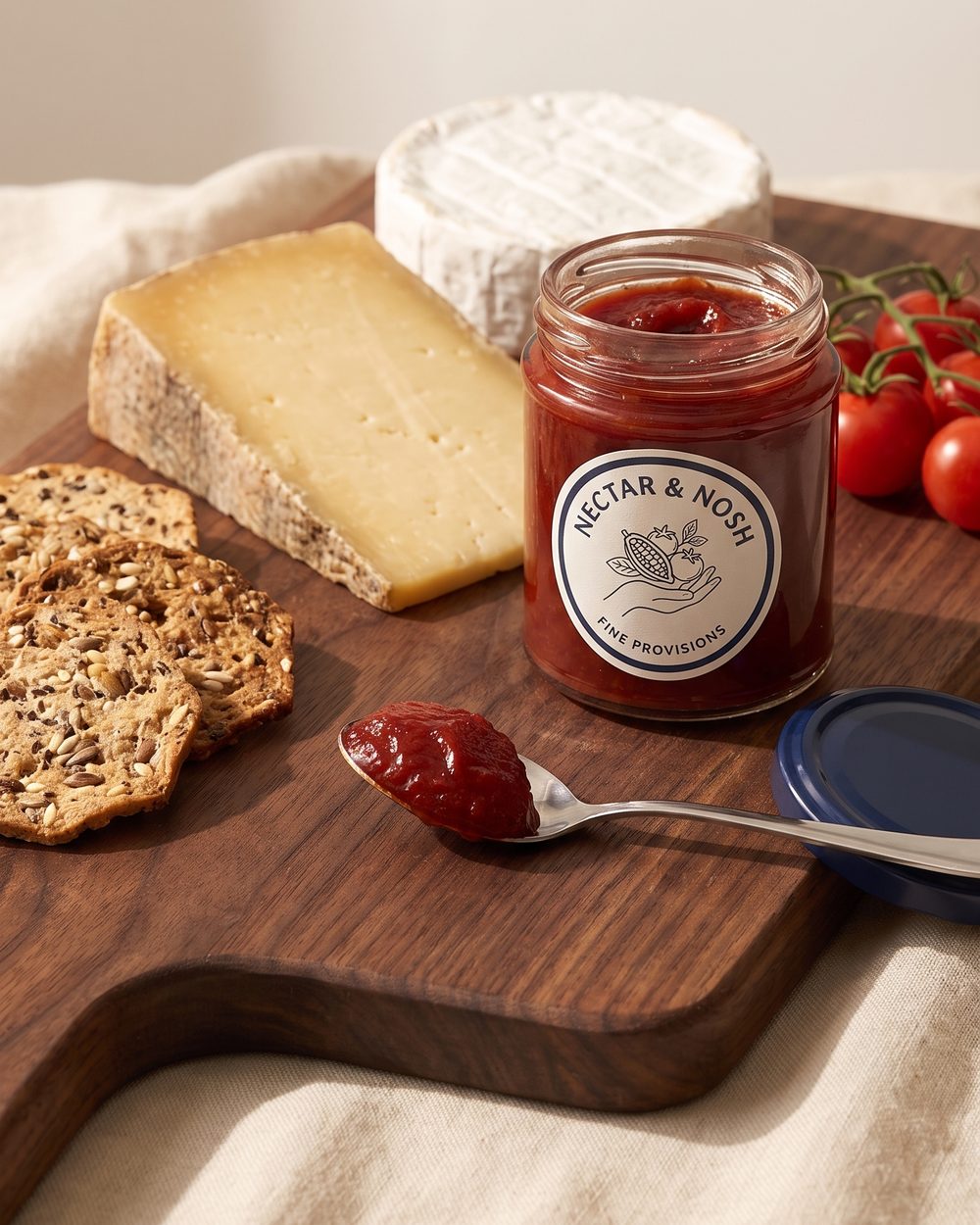 A wedge of aged cheese, seeded crackers and an open jar of tomato jam on a walnut board
