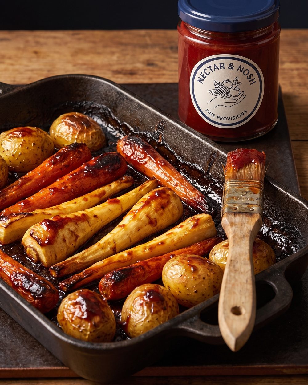 Roasted carrots, parsnips and potatoes glazed with tomato jam in a roasting tray
