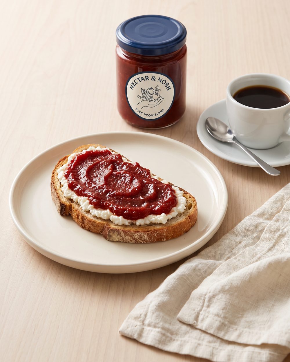 Tomato jam spread thickly over ricotta on toasted sourdough, with coffee alongside