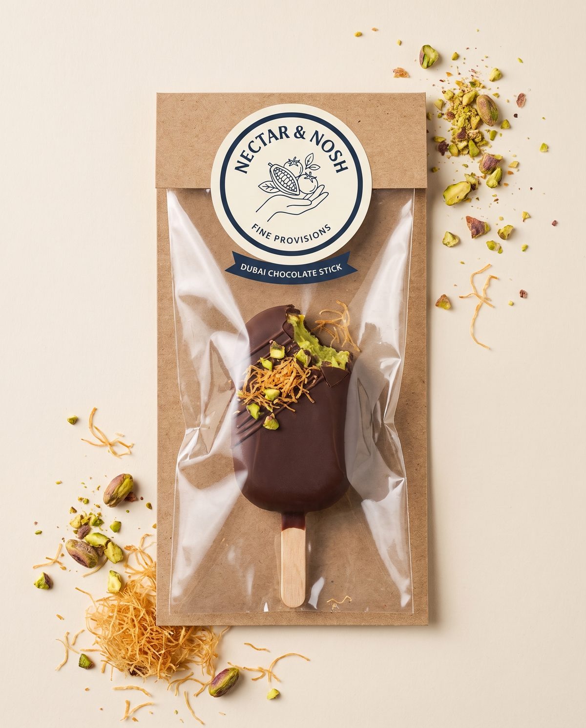 Dubai chocolate stick in its cello bag on a kraft card with the Nectar & Nosh sticker