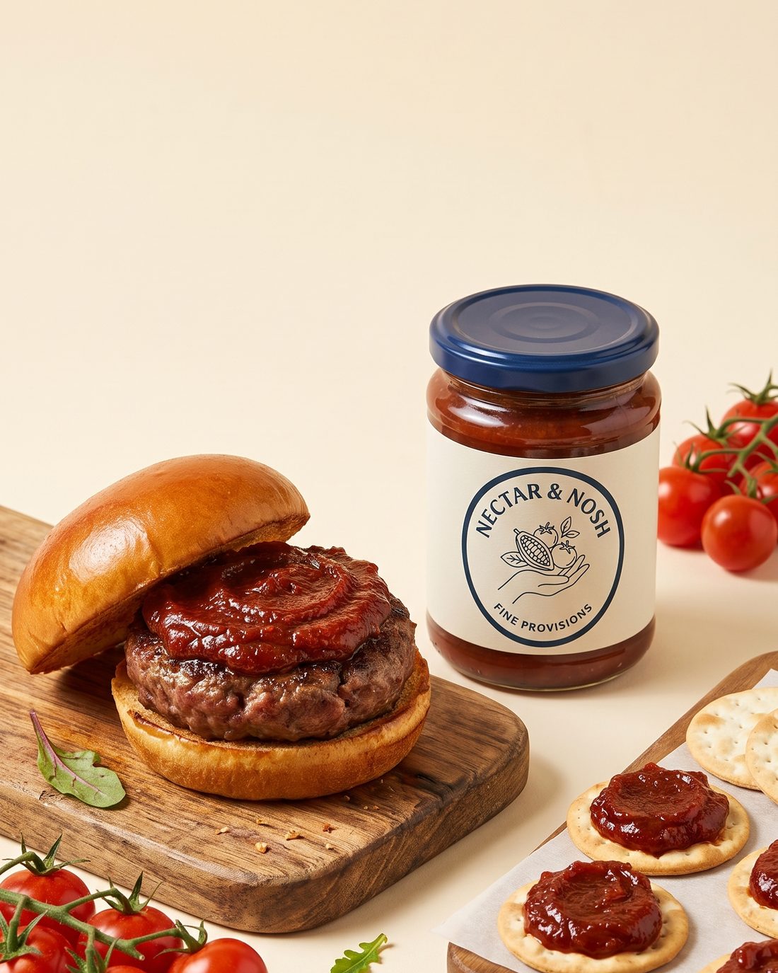 A burger slider with a thick layer of tomato jam, the jar and crackers beside it